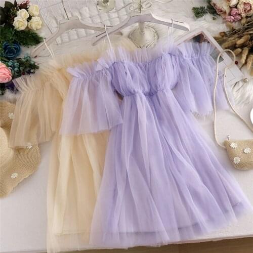2021 Summer Women High Waist A-Line Dress Sweet Slash Neck Sling Mesh Dress Lady Short Sleeve Ruffles Lace Party Dress Vestidos