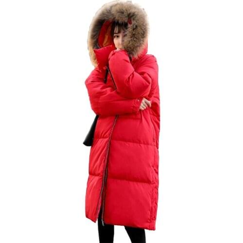 Winter Parka Women Down Jacket Thick Warm Raccoon fur collar Hooded Tops Loose Large size Female Long White duck down Coats H593