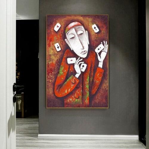 Abstract Poker Man Canvas Art Vintage Oil Painting Bright Color Big Posters Print Crazy Wall Art Aisle Death Gaze Tableaux Salon