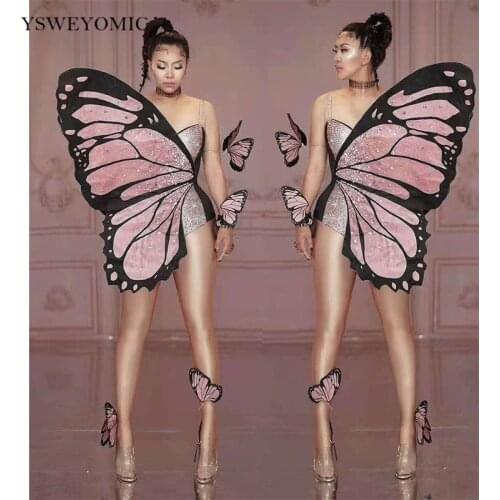 Shinny Pink Butterfly Wings Rhinestones Bodysuit Dance Costume Women Party Show Performance Stage Wear Halloween Cosplay Costume