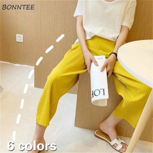 Wide Leg Pants Women Ulzzang Simple Summer Stylish Elasticated Pleated Chic Ladies Trouser 6 Colors All-match Leisure Femme Pant