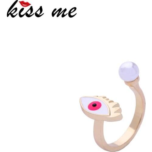 Kissme Unique Colorful Enamel Rings For Women Gifts Red Lip Evil Eye Acrylic Pearl Crystal Opening Finger Rings Fashion Jewelry