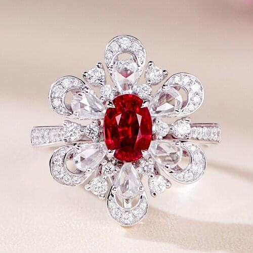 Princess Flower Red Crystal Ruby Gemstones Diamonds Rings for Women 18k White Gold Filled Fine Jewelry Bijoux Bague Accessories