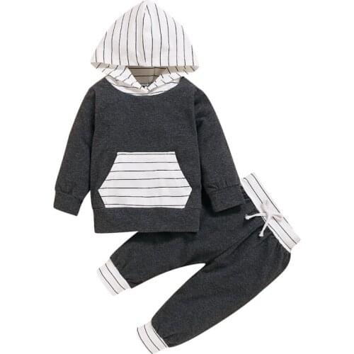 2Pcs Baby Girls Boys Clothes Suit Autumn Infant Kids Clothing Casual Pantsuit Striped Hoodie Tops+Pantrs Outfit Sets 0-24M