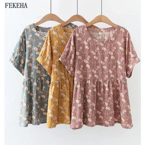 Summer Shirts Women Floral Print Blouse Short Sleeve Cotton Linen Lady Tops Female Clothes Pullover