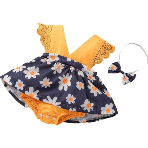 2Pcs Toddlers Summer Outfits, Splicing Floral Print V-Neck Lace Sleeves Dress Rompers + Headband for Baby Girls
