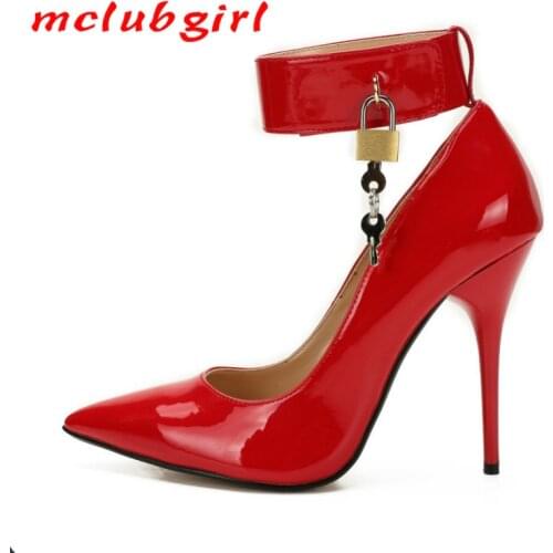 Mclubgirl Women Man Super Large size Lock Fine Heel 12cm Pointed Womens Single Shoes Quick Lying Special Supplier ZQJ