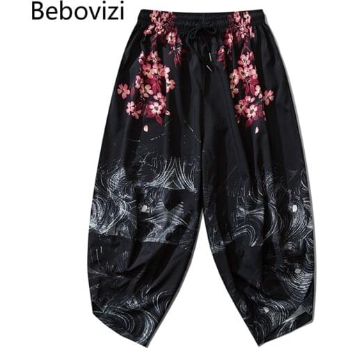 Bebovizi 2020 Japanese Style Harajuku Men Trousers Sakura Samurai Costume Loose Fashion Women Traditional Bloom Pants Haori