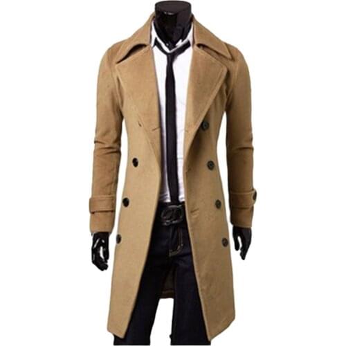 Mens Winter Trench Coat Double Breasted Long Jacket
