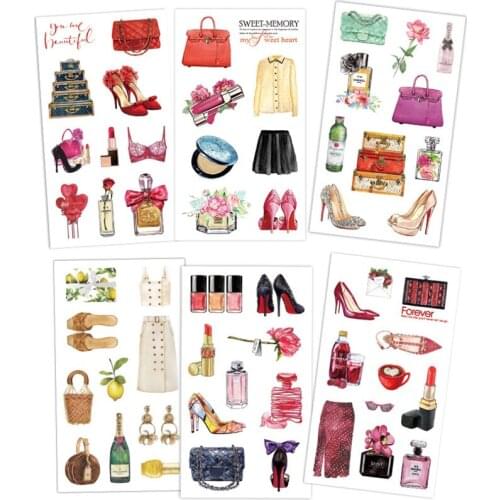 6 Sheets/Pack Kawaii Makeup Shoe Bag Sticker Adhesive Craft Stick Label Notebook Computer Phone Decor Stationery