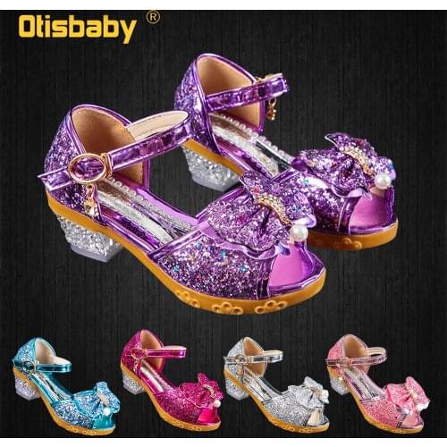 Fancy Fairy Elsa Princess Shoes Girls Bow Glitter Leather Shoes Summer Blue Silver Pink Purple High Heeled Sandals for Children