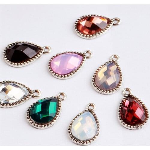 Wholesale 50PCs 13*20MM Vintage Silver Tone Alloy Pendant Charms Rhinestone Crystal Paved Waterdrop Floating Charm