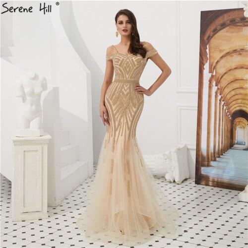 Sexy Crystal Gold Mermaid Evening Dresses Off Shouler Formal Gowns Dubai Robe De Soiree V-neck Party Gowns BLA60807