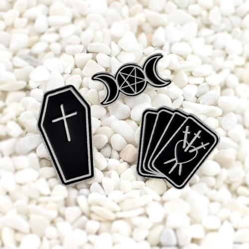 Dark Death Coffin Cosmic Moon and Tarot Enamel needle Black gothic jewelry Decorate your denim shirt personality interesting