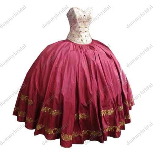 2021 White Top Burgundy Skirt Gold Embroidered Ball Gown Mexican Quinceanera Dresses for Women Party Formal Satin Cheap long