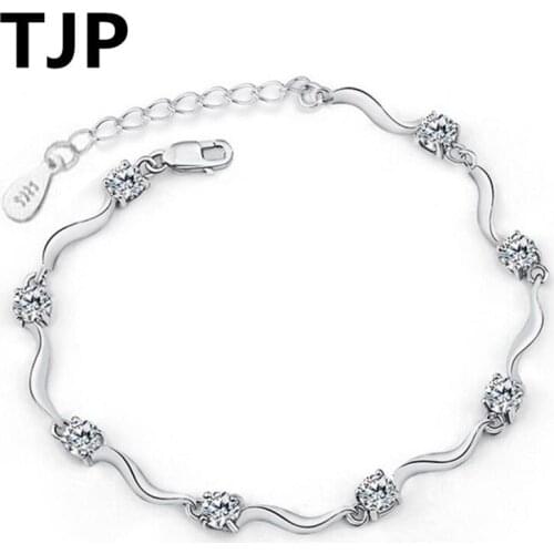 TJP Top Quality 925 Sterling Silver Female Bracelets Jewelry Clear Purple Crystal Stones Bangles For Women Wedding Engagement