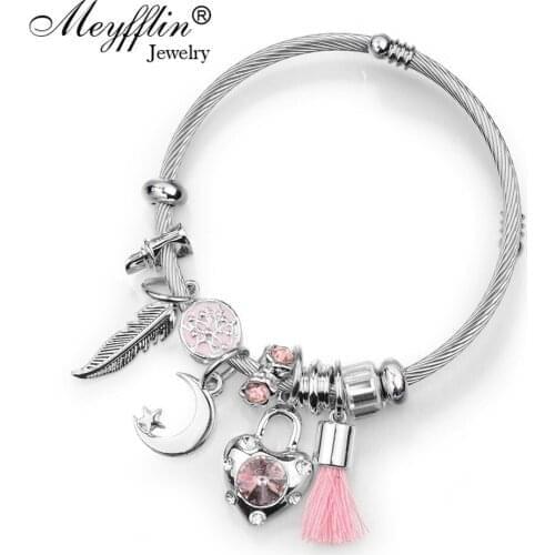 Meyfflin Fashion Silver Color Charm Bracelet & Bangle with Cotton Tassel Crystal Bead Heart Bracelets for Women Party Jewelry