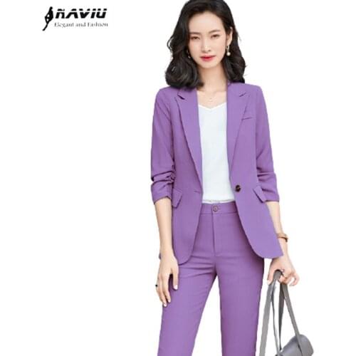 Purple Suits Women Half Sleeve Fashion Temperament High End 2021 Spring New Slim Formal Blazer And Pants Office Ladies Work Wear