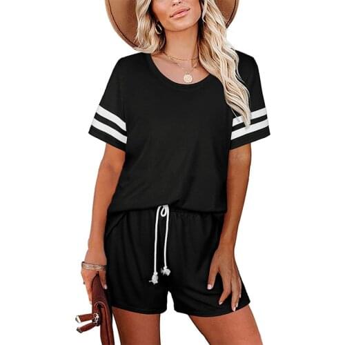 Women Summer Casual 2 Piece Outfits Drawstring Design Pockets Decor Shorts+O-Neck Short Sleeve/Raglan Sleeve Striped Print Top