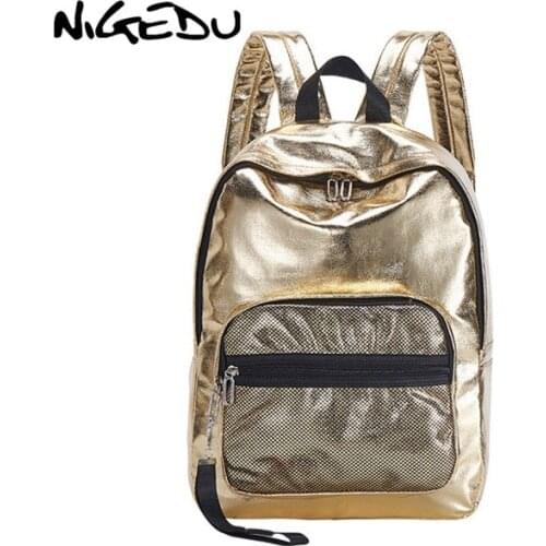 NIGEDU women backpacks PU leather laptop backpack men Travel Bag big capacity school backpacks female Daypack mochila gold