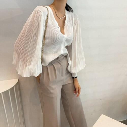 Sweater Women Cardigans Knit 2021 Autumn Winter Lantern Sleeve Sweater Long Sleeve Lace Chiffon Patchwork Jumper Soft Pull Femme