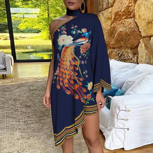 Women Fashion Choker Peacock Print One Shoulder Irregular Ruffled Hem Dress summer Dress party Dress повседневные платья