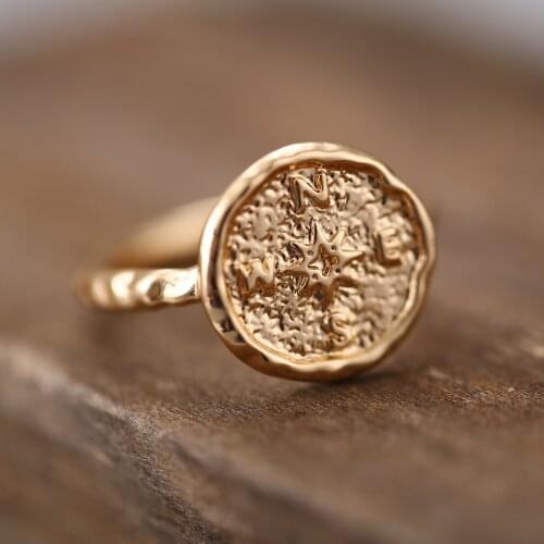 Simple Gold Silver Color Hammered Travel Wanderlust Round Compass Rings For Women Lover Minimalist Finger Rings Initial Jewelry