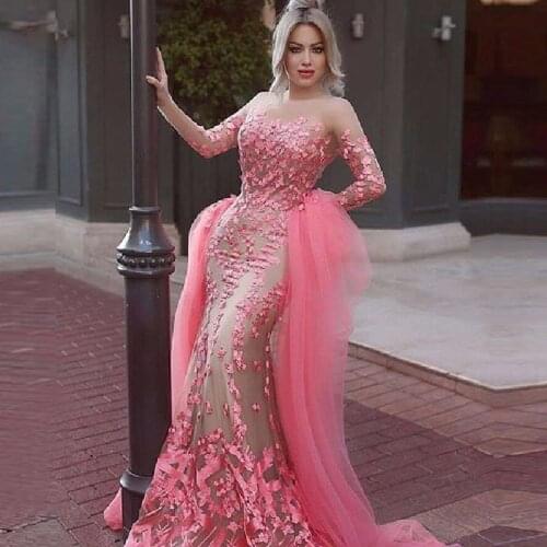 Hot Pink Celebrity Dress Mermaid With Appliques Evening Dress Selena Gomez Long Sleeve Prom Dresses Tulle Free Shipping