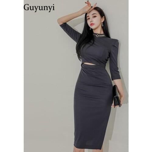 Tight Elegant Party Dress 2021 Autumn Stand Collar Three-Quarter Sleeves High Waist Hollow Temperament Side Split Womens Dress