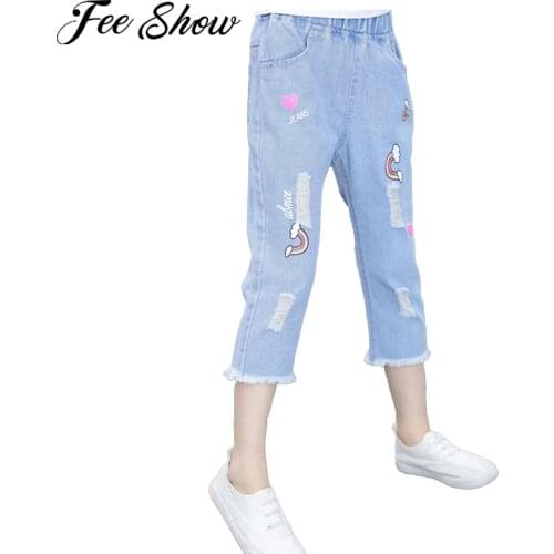 2021 Fashion Summer Jeans For Girls Teenage Children Jeans Print Ripped Denim Pants Kids Cropped Trousers For Girl Clothes 5-14Y