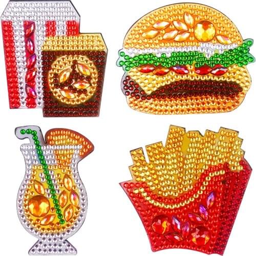 4pcs DIY Full Drill Diamond Fridge Magnets Refined Special Appearance Burger Fries Refrigerator Decal Crafts
