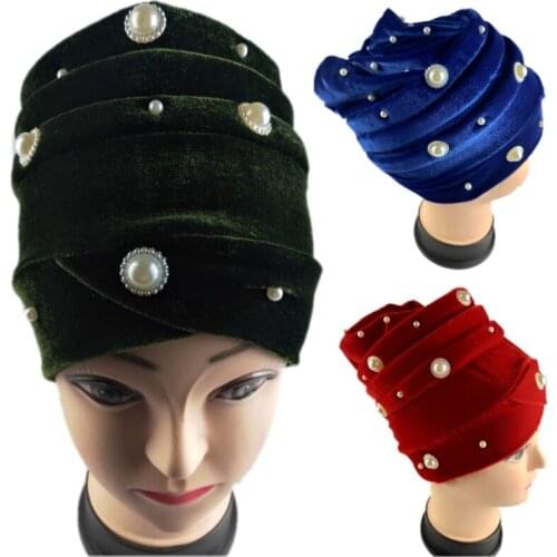 African Women Head-Wrap Cap Hair Bonnet Velvet Cap Nigeria Female Wraps Headtie Beading Turban Hat Winter Warm Muslim Headwear