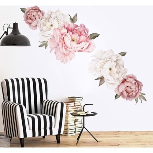 Watercolor Pink & White Peony Rose Flowers Wall Stickers Room Living Room Bedroom Home Decoration Wall Decal Home Decor