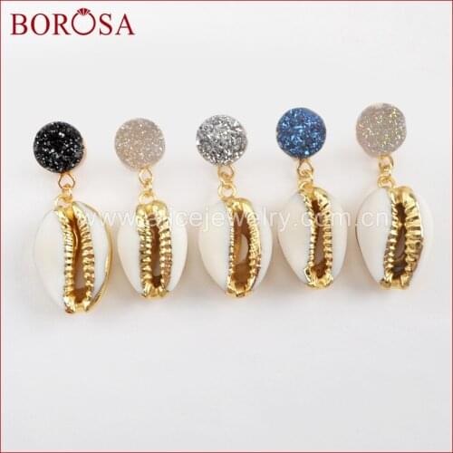 BOROSA 5Pairs Gold Color 10mm Round Titanium Rainbow Druzy With Cowrie Shell Earrings Fashion Jewelry Trendy Earrings G1562