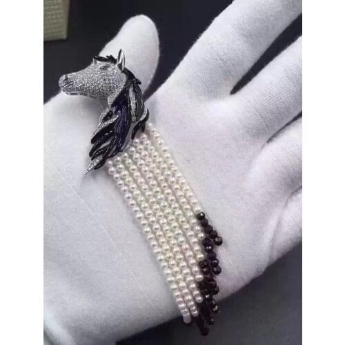 Unisex 925 sterling silver horse head brooch pins natural fresh water pearl and spinel tassels brooch pins fine jewelry