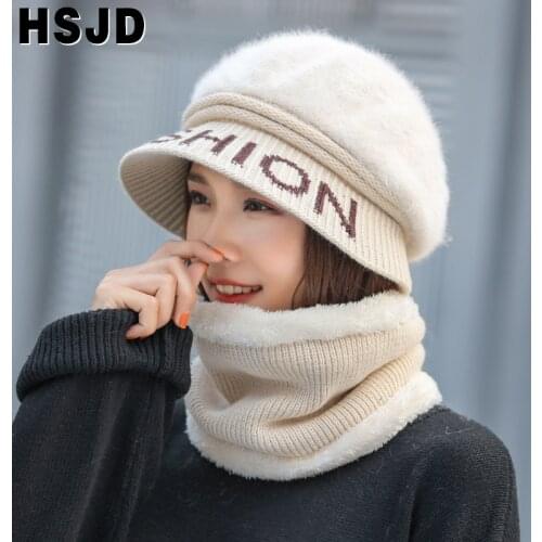 Elegant Winter Hats For Women Solid Color Rabbit Hair Knitted Scarf Hat Thick Warm Skullies Beanies 2Pcs Set Female Cap Bonnet
