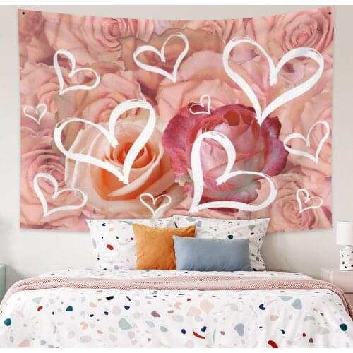 Valentines Day Pink Rose Flowers Tapestry Vintage Exotic Summer Plant Nature Frame for Bedroom Photography Wall Decor