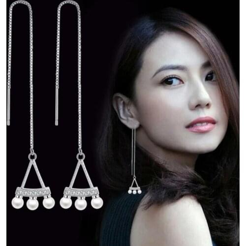 KOFSAC New Popular 925 Sterling Silver Earrings For Women Jewelry Shiny Zircon Fan Pearl Long Tassel Ear Line Earring Accessorie