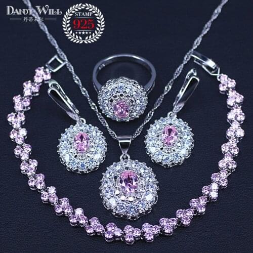 Pink Lovely Present For Best Love Lady&Women Christmas Gift Silver Color Crystal bracelets sets earrings ring necklace pendants