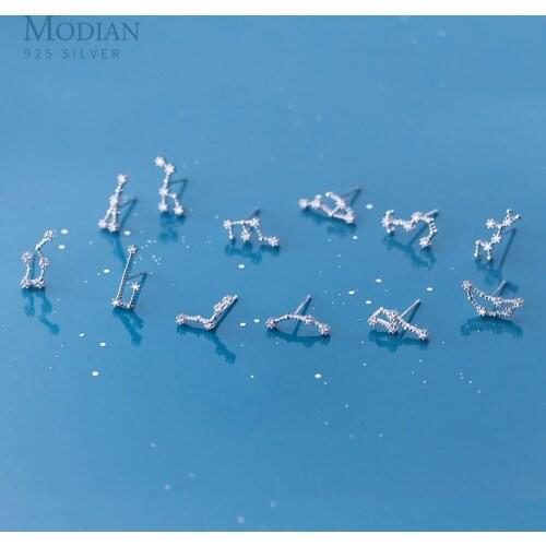 Modian Exquisite Twelve constellations Cute Lady Crystal Leo Aquarius Stud Earrings For Women 925 Sterling Silver Fine Jewelry