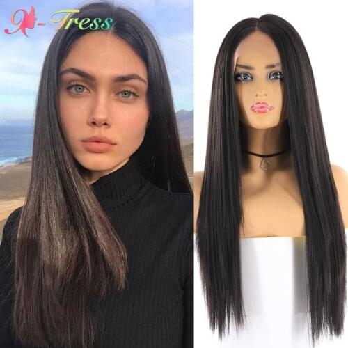 X-TRESS Synthetic Lace Front Wig 26 Inches Long Straight Middle Part Lace Wigs for Black Women Heat Resistant Daily Cosplay Wig