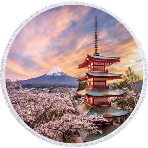 Sakura snow mountain ancient architecture Pareo beach Fringed beach towel Round beach towel Towel beach Towels miraculous towel