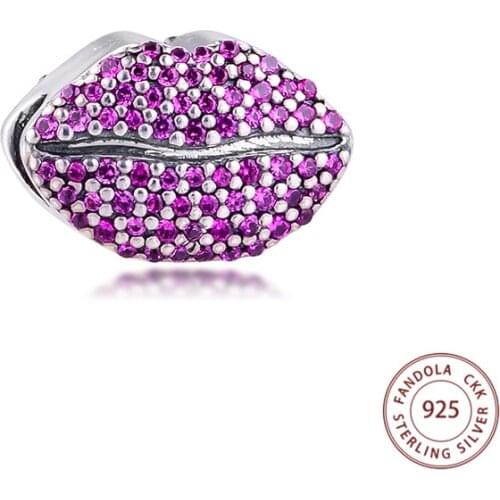 Fits Original Bracelets Argent 925 Sterling Silver Red CZ Kiss More Charms Crytal Beads DIY Jewelry Making Bijoux Femme