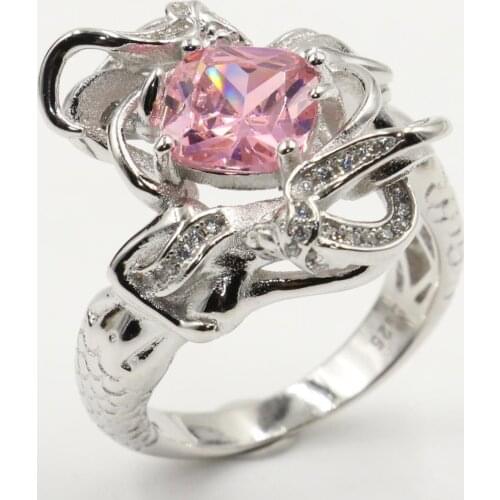 Size 5-10 Retro Fashion Jewelry 925 Sterling Silver Cushion Shape Pink 5A Cubic Zirconia Women Wedding Mermaid Wedding Ring Set