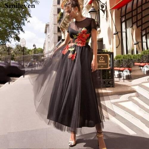 Smileven Sexy Black Short Prom Dresses Short Sleeve A Line Flowers Evening Dress Party dresses Custom Made