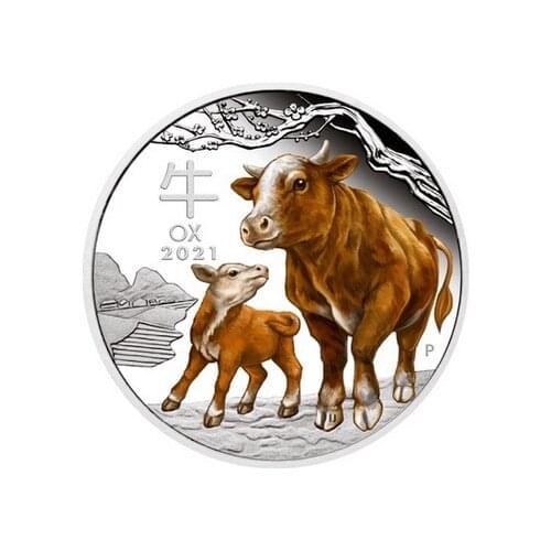 2021 Year of Ox One Troy Ounce Silver Coin Australia Lunar New Year Cattle Colorful Silver Plated Commemorative Challenge Coins