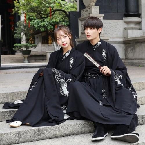 Big Size S-5XL Couple Traditional Black Hanfu Embroidery Dregon Long Sleeve Novelty Performance Clothing Cross Collar Tang Suit