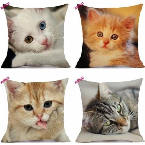 XUNYU Cute Cat Linen Pillow Case Sofa Square Decorative Pillow Cover Animal Pattern Cushion Cover 45X45cm BT003