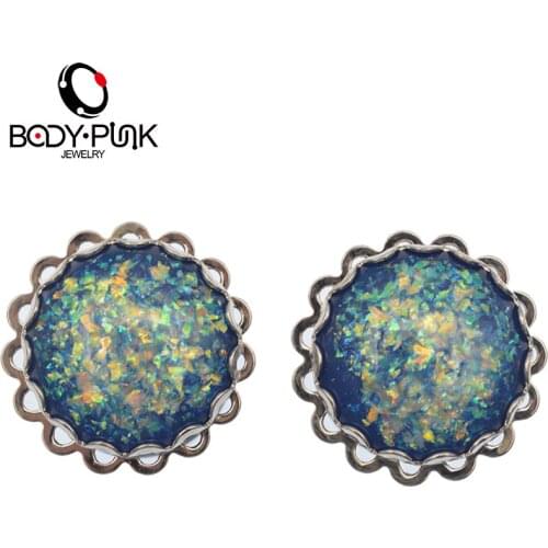 BODY PUNK Ear Plugs Stainless Steel Filigree Dark Blue Opal Ear Expander Screw 1 Pair Tunnel 6-20 mm Body PiercingJewelry