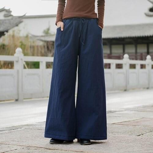 Ethnic Pants Women 2019 Elastic Waist Skirt Pants Thick Warm Vintage Trousers Cotton Linen Traditional Chinese Pants FF2500